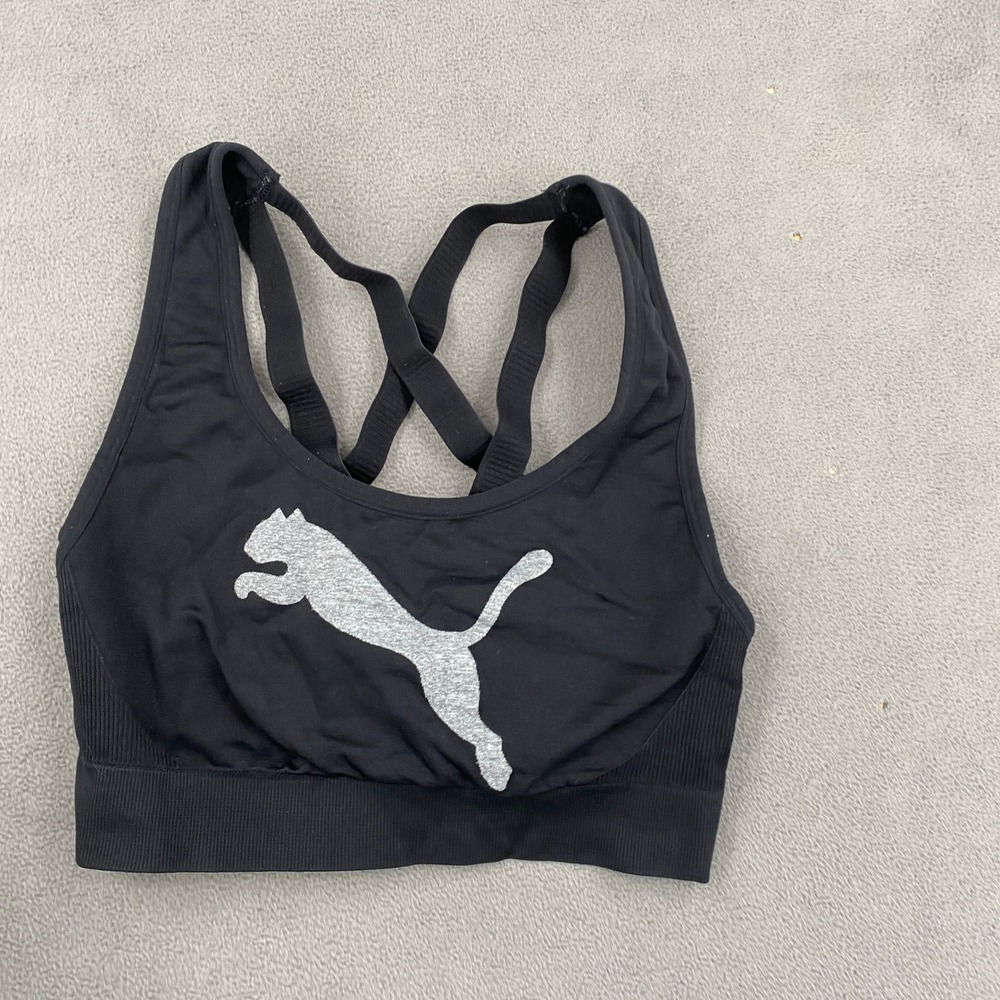 Puma Womens Medium Black Silver Glitter Cat Logo Strappy Back Sports Bra 8533